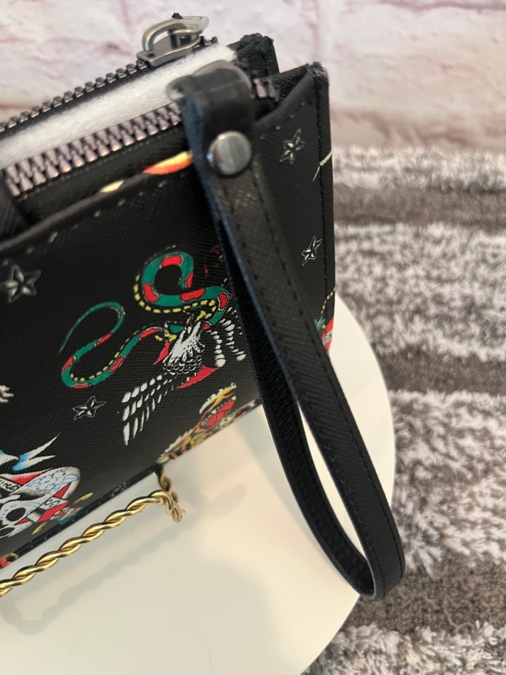 Ed Hardy Black Wristlet with Red, Yellow and Cream Tattoo Motifs - Picture 4 of 8